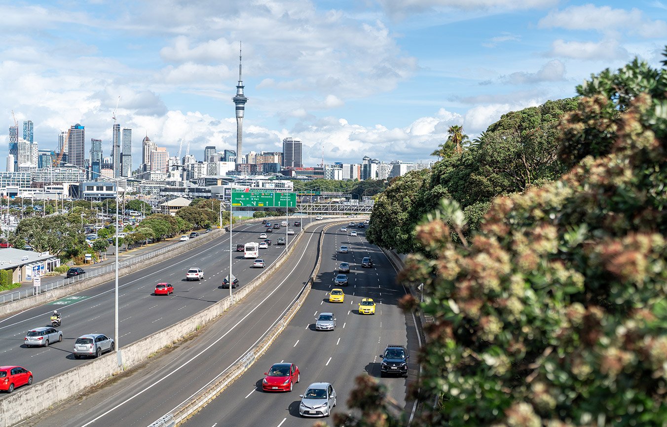Auckland motorway with Sky Tower in the background