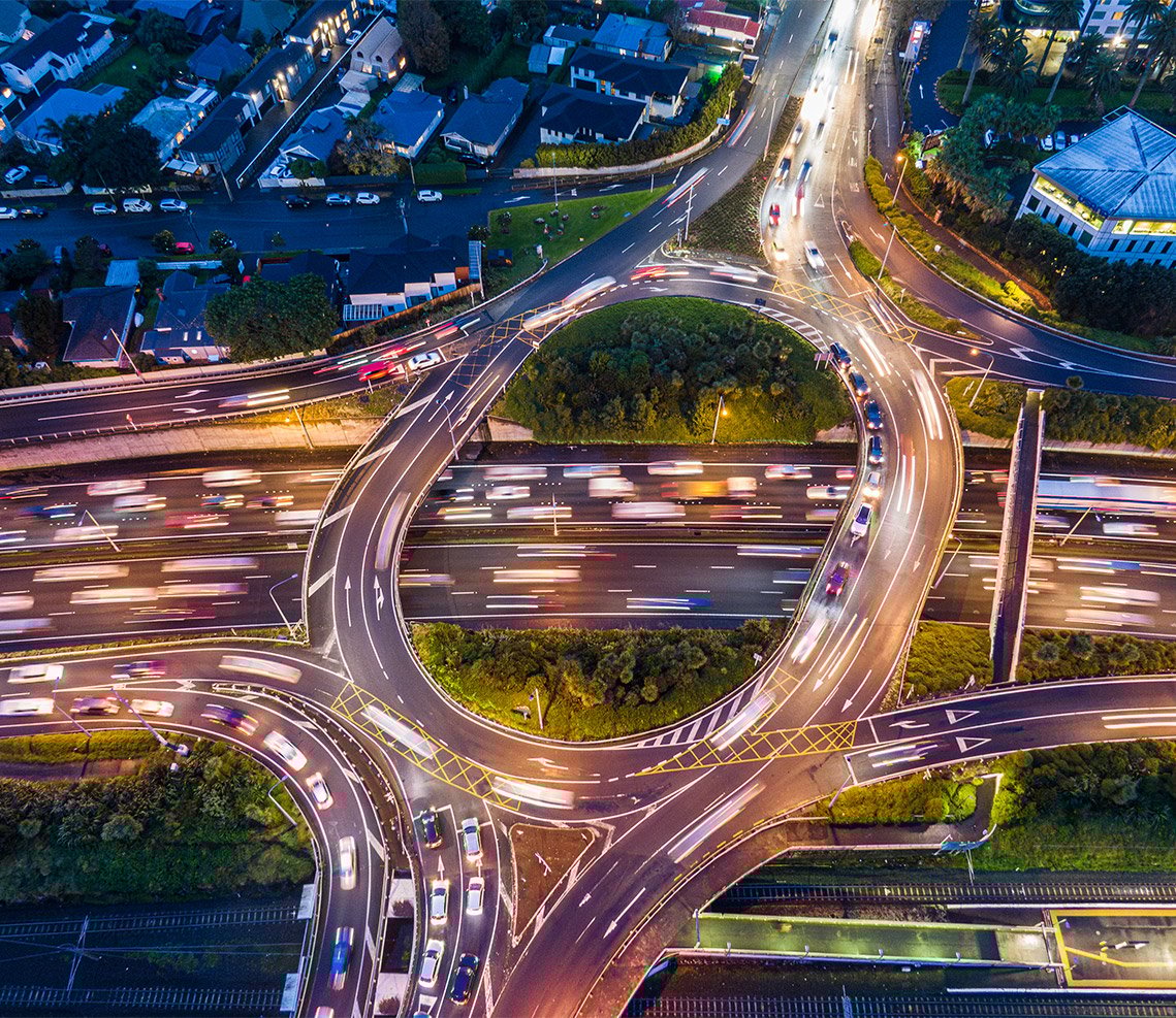Aerial view of large intersection at night
