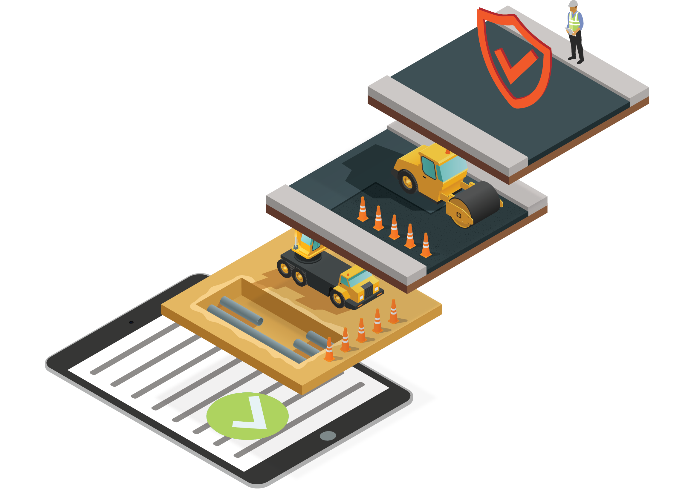 Isometric illustration showing process of road works process
